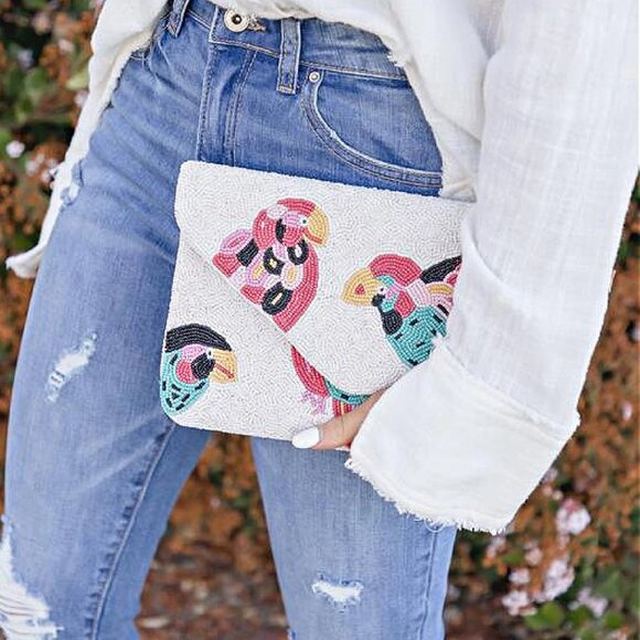 NEW Tropical Bird Parrot Sead Beaded Clutch Crossbody Handbag - Picture 2 of 6